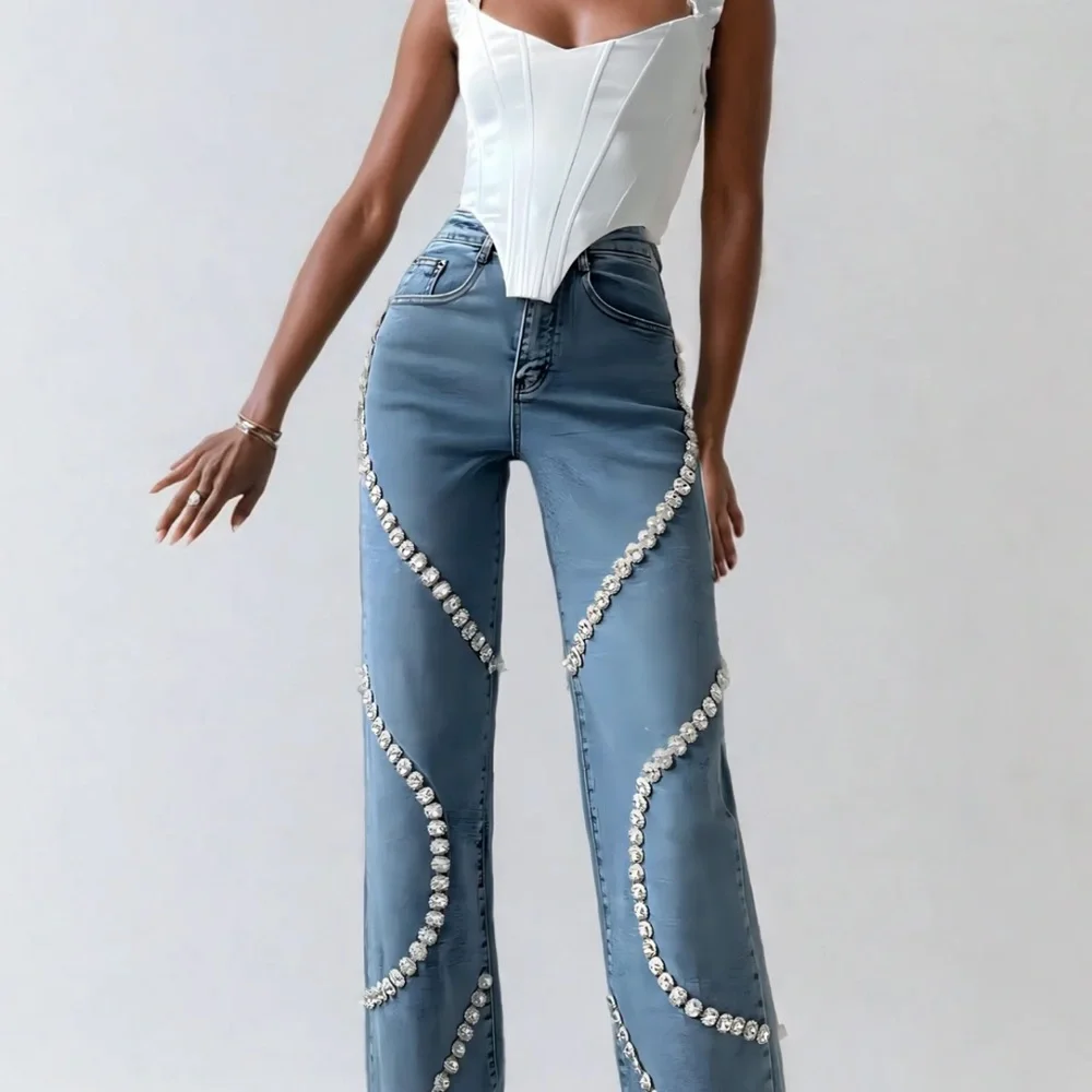 Crystal Embellished Blue Flare Jeans - Picture 1 of 4